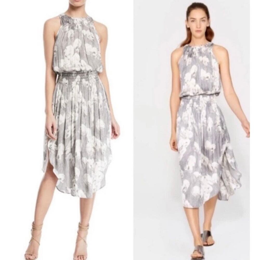 HALSTON HERITAGE | Grey StarFlower Print Sleeveless Slit Dress | Size Medium